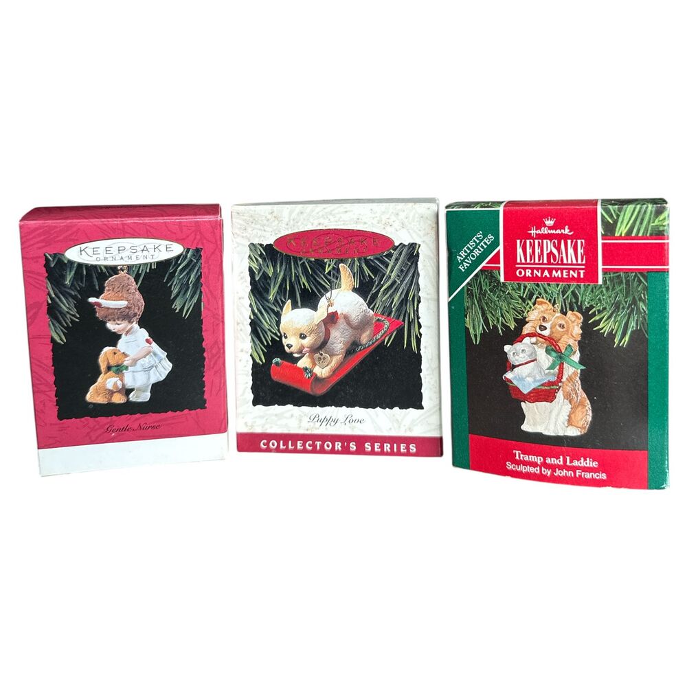 Lot of 3 Hallmark Keepsake Ornaments Gentle Nurse Puppy Love Tramp & Laddie Dogs